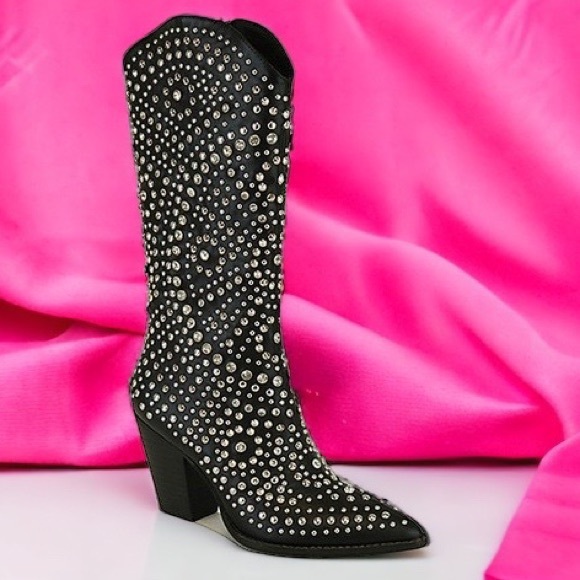 Beast AUTUMN Tall Black Faux Leather Stud & Rhinestone Embellished Cowboy Boots - Picture 6 of 7